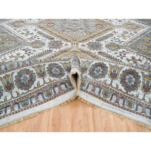 13'9"x15'10" Ivory, Hand Knotted, Natural Dyes, 100% Wool, Shiraz Reimagined, Thick And Plush, Unique Flower Rosettes Border Design, Oversize Sustainable Oriental Rug FWR393732