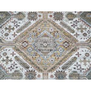13'9"x15'10" Ivory, Hand Knotted, Natural Dyes, 100% Wool, Shiraz Reimagined, Thick And Plush, Unique Flower Rosettes Border Design, Oversize Sustainable Oriental Rug FWR393732