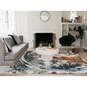 9'3"x11'9" Black and Orange, Soft and Luxurious, Abstract with Curvilinear Motif, All Wool, Tone on Tone, Hand Knotted, Dense Weave, Modern Rug FWR393744