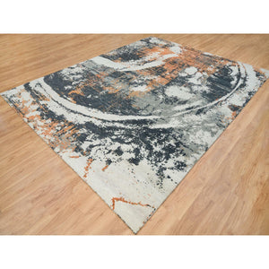 9'3"x11'9" Black and Orange, Soft and Luxurious, Abstract with Curvilinear Motif, All Wool, Tone on Tone, Hand Knotted, Dense Weave, Modern Rug FWR393744