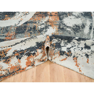 9'3"x11'9" Black and Orange, Soft and Luxurious, Abstract with Curvilinear Motif, All Wool, Tone on Tone, Hand Knotted, Dense Weave, Modern Rug FWR393744