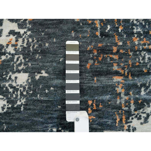 9'3"x11'9" Black and Orange, Soft and Luxurious, Abstract with Curvilinear Motif, All Wool, Tone on Tone, Hand Knotted, Dense Weave, Modern Rug FWR393744