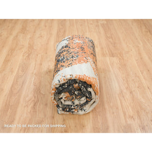 9'3"x11'9" Black and Orange, Soft and Luxurious, Abstract with Curvilinear Motif, All Wool, Tone on Tone, Hand Knotted, Dense Weave, Modern Rug FWR393744