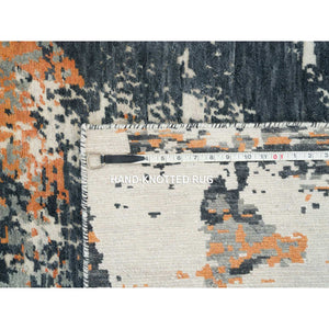 9'3"x11'9" Black and Orange, Soft and Luxurious, Abstract with Curvilinear Motif, All Wool, Tone on Tone, Hand Knotted, Dense Weave, Modern Rug FWR393744