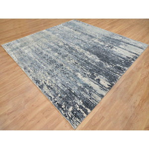 10'1"x10'1" Blue And Gray, Dense Weave, Soft Pile, Hand Knotted, Modern Abstract With Mosaic Design, Wool And Silk, Square Oriental Rug FWR393792