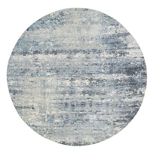 11'6"x11'6" Blue and Gray, Natural Dyes, Tone on Tone, Modern Abstract with Mosaic Design, Wool and Silk Hand Knotted, Dense Weave, Round Oriental Rug FWR393810