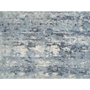 11'6"x11'6" Blue and Gray, Natural Dyes, Tone on Tone, Modern Abstract with Mosaic Design, Wool and Silk Hand Knotted, Dense Weave, Round Oriental Rug FWR393810
