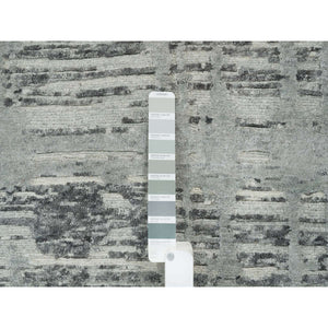 10'1"x10'1" Dark Grey, Hand Spun Undyed Natural Wool, Hand Knotted, Modern Criss Cross Erased Design, Round Oriental Rug FWR393840