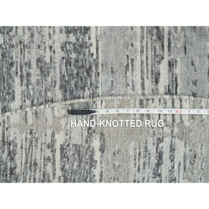10'1"x10'1" Dark Grey, Hand Spun Undyed Natural Wool, Hand Knotted, Modern Criss Cross Erased Design, Round Oriental Rug FWR393840