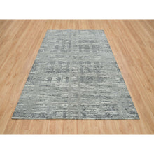 Load image into Gallery viewer, 6&#39;1&quot;x9&#39;2&quot; Dark Grey, Hand Knotted, Modern Criss Cross Erased Design, Hand Spun Undyed Natural Wool, Oriental Rug FWR393858