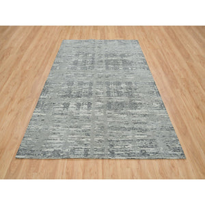 6'1"x9'2" Dark Grey, Hand Knotted, Modern Criss Cross Erased Design, Hand Spun Undyed Natural Wool, Oriental Rug FWR393858