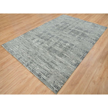 Load image into Gallery viewer, 6&#39;1&quot;x9&#39;2&quot; Dark Grey, Hand Knotted, Modern Criss Cross Erased Design, Hand Spun Undyed Natural Wool, Oriental Rug FWR393858