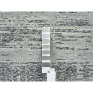 6'1"x9'2" Dark Grey, Hand Knotted, Modern Criss Cross Erased Design, Hand Spun Undyed Natural Wool, Oriental Rug FWR393858