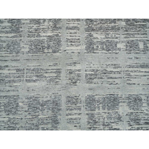 6'1"x9'2" Dark Grey, Hand Knotted, Modern Criss Cross Erased Design, Hand Spun Undyed Natural Wool, Oriental Rug FWR393858