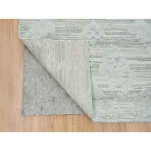2'6"x16' Ivory And Light Grey, Hand Spun Undyed Natural Wool, Modern Design, Hand Knotted, Xl Runner Oriental Rug FWR393864