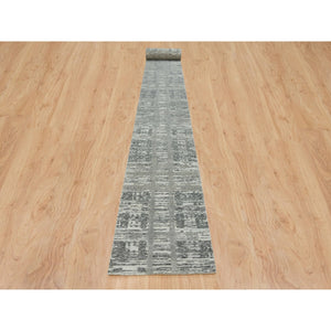 2'7"x27'10" Dark Grey, Modern Criss Cross Erased Design, Hand Spun Undyed Natural Wool, Hand Knotted, Xl Runner Oriental Rug FWR393888