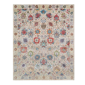 8'3"x10'3" Ivory, Soft and Lush, Hand Knotted, Tabriz Vase With Flower Design, Dense Weave, Silk With Textured Wool, Oriental Rug FWR393984