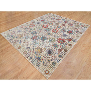 8'3"x10'3" Ivory, Soft and Lush, Hand Knotted, Tabriz Vase With Flower Design, Dense Weave, Silk With Textured Wool, Oriental Rug FWR393984