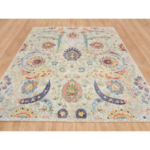 10'3"x10'4" Tan, Hand Knotted Sickle Leaf Design, Soft and Lush, Silk With Textured Wool, Dense Weave, Square Oriental Rug FWR394122