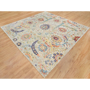 10'3"x10'4" Tan, Hand Knotted Sickle Leaf Design, Soft and Lush, Silk With Textured Wool, Dense Weave, Square Oriental Rug FWR394122