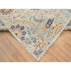 10'3"x10'4" Tan, Hand Knotted Sickle Leaf Design, Soft and Lush, Silk With Textured Wool, Dense Weave, Square Oriental Rug FWR394122