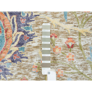 10'3"x10'4" Tan, Hand Knotted Sickle Leaf Design, Soft and Lush, Silk With Textured Wool, Dense Weave, Square Oriental Rug FWR394122