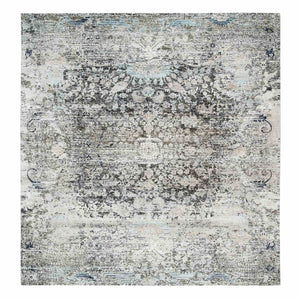 11'9"x12'3" Gray, Transitional Persian Influence Erased Medallion Design, Silk with Textured Wool, Hand Knotted, Square Oriental Rug FWR394134