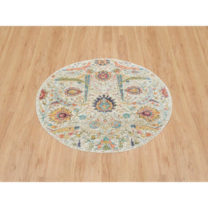 5'2"x5'2" Tan, Hand Knotted, Dense Weave, Sickle Leaf Design, Soft And Lush, Silk With Textured Wool, Round Oriental RugFWR394170