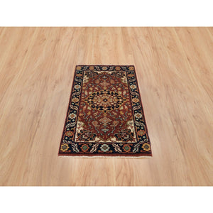 2'x3'2" Rust Red With Blue, Plush And Lush, Vegetable Dyes, Antiqued Sarouk Re-creation, Densely Woven, Pure Wool, Hand Knotted, Oriental Rug FWR394470