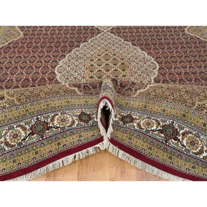 10'x13'10" Mahogany Red With Beaver Brown, Tabriz Mahi With Fish Medallion Design, Hand Knotted, 175 Kpsi, Organic Wool, Oriental Rug FWR394614