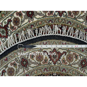 3'3"x3'3" Obsidian Black, Tabriz Mahi with Fish Medallion Design, 175 KPSI, Hand Knotted, Pure Wool, Unique Round Oriental Rug FWR394698