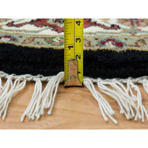 3'4"x3'4" Obsidian Black with Vista White, Tabriz Mahi with Unique Round Fish Medallion Design, 175 KPSI, Hand Knotted, Natural Wool, Oriental Rug FWR394704