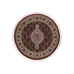 3'4"x3'4" Mahogany Red with Porcelain Ivory, Tabriz Mahi with Fish Medallion Design, Hand Knotted, 175 KPSI, Pure Wool, Round Oriental Rug FWR394710