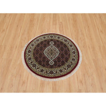 Load image into Gallery viewer, 3&#39;4&quot;x3&#39;4&quot; Mahogany Red with Porcelain Ivory, Tabriz Mahi with Fish Medallion Design, Hand Knotted, 175 KPSI, Pure Wool, Round Oriental Rug FWR394710
