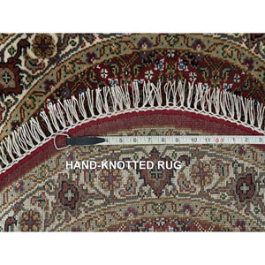 3'4"x3'4" Mahogany Red with Porcelain Ivory, Tabriz Mahi with Fish Medallion Design, Hand Knotted, 175 KPSI, Pure Wool, Round Oriental Rug FWR394710