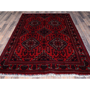 5'x7' Chili Red, Hand Knotted, Afghan Khamyab with Geometric Medallions Design, Pure Wool, Natural Dyes, Oriental Rug FWR3942