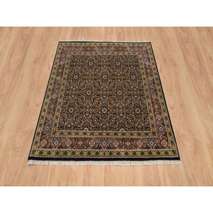 5'x5' Retro Black, All Over Fish Mahi Herati Design, 175 Kpsi, Pure Wool, Hand Knotted, Square Oriental Rug FWR394806