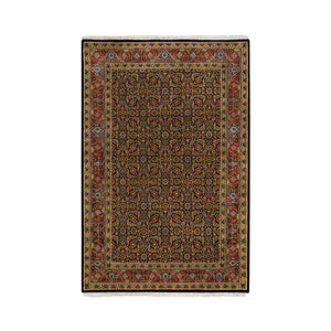 4'1"x6'3" Grease Black, All Over Fish Herati Design, Densely Woven, 250 KPSI, 100% Wool, Hand Knotted, Oriental Rug FWR394818
