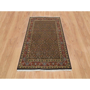 4'1"x6'3" Grease Black, All Over Fish Herati Design, Densely Woven, 250 KPSI, 100% Wool, Hand Knotted, Oriental Rug FWR394818