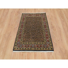 Load image into Gallery viewer, 4&#39;1&quot;x5&#39;9&quot; Asphalt Black And Sangria Red, 175 Kpsi, 100% Wool, Hand Knotted, All Over Fish Mahi Herati Design, Oriental Rug FWR394824