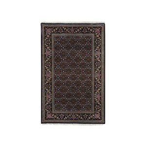 3'1"x5'1" Eerie Black, All Over Fish with Tabriz Mahi Design, Pure Wool, Hand Knotted, 175 KPSI, Oriental Rug FWR394842
