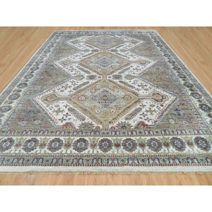13'8"x17'9" Pearl White, Unique Flower Rosettes Border Design, Hand Knotted, Natural Dyes, Natural Wool, Shiraz Reimagined, Thick And Plush, Oversized Sustainable Oriental Rug FWR394902