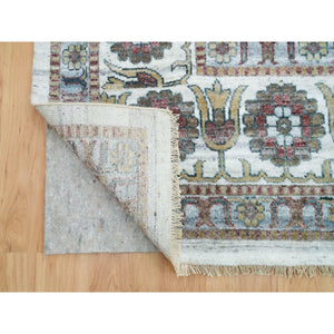 13'8"x17'9" Pearl White, Unique Flower Rosettes Border Design, Hand Knotted, Natural Dyes, Natural Wool, Shiraz Reimagined, Thick And Plush, Oversized Sustainable Oriental Rug FWR394902
