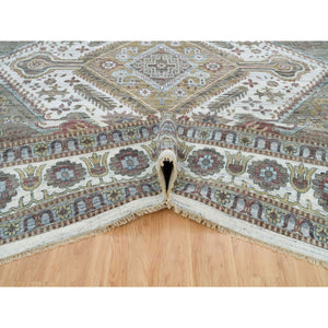 13'8"x17'9" Pearl White, Unique Flower Rosettes Border Design, Hand Knotted, Natural Dyes, Natural Wool, Shiraz Reimagined, Thick And Plush, Oversized Sustainable Oriental Rug FWR394902