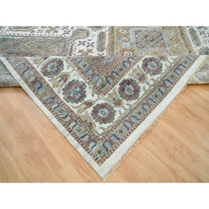 13'8"x17'9" Pearl White, Unique Flower Rosettes Border Design, Hand Knotted, Natural Dyes, Natural Wool, Shiraz Reimagined, Thick And Plush, Oversized Sustainable Oriental Rug FWR394902