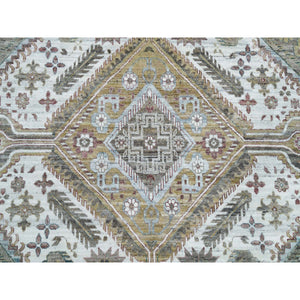 13'8"x17'9" Pearl White, Unique Flower Rosettes Border Design, Hand Knotted, Natural Dyes, Natural Wool, Shiraz Reimagined, Thick And Plush, Oversized Sustainable Oriental Rug FWR394902