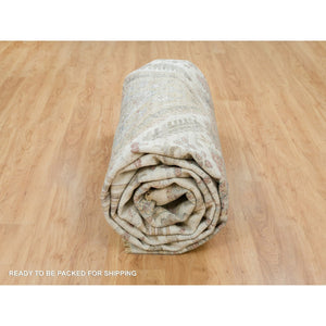 13'8"x17'9" Pearl White, Unique Flower Rosettes Border Design, Hand Knotted, Natural Dyes, Natural Wool, Shiraz Reimagined, Thick And Plush, Oversized Sustainable Oriental Rug FWR394902
