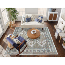 Load image into Gallery viewer, 14&#39;x14&#39; Smoky White, Shiraz Reimagined, Thick And Plush, Unique Flower Rosettes Border Design, Hand Knotted, Vegetable Dyes, Pure Wool, Square Sustainable Oriental Rug FWR394914