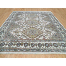 Load image into Gallery viewer, 14&#39;x14&#39; Smoky White, Shiraz Reimagined, Thick And Plush, Unique Flower Rosettes Border Design, Hand Knotted, Vegetable Dyes, Pure Wool, Square Sustainable Oriental Rug FWR394914