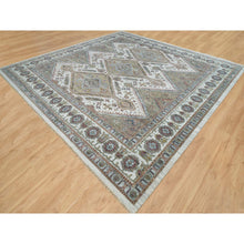 Load image into Gallery viewer, 14&#39;x14&#39; Smoky White, Shiraz Reimagined, Thick And Plush, Unique Flower Rosettes Border Design, Hand Knotted, Vegetable Dyes, Pure Wool, Square Sustainable Oriental Rug FWR394914